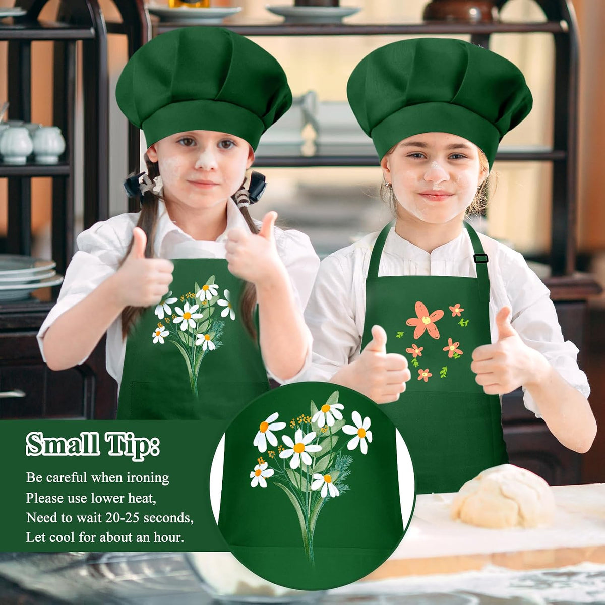 Kids Apron and Chef Hat Set Adjustable Child Art Aprons with 2 - I-dark Green / Large - image 4