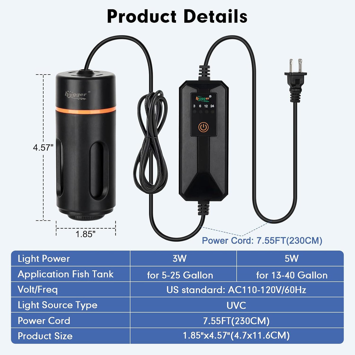hygger Aquarium U-V Light with Timer - 5W for 13-40 Gallon - image 4