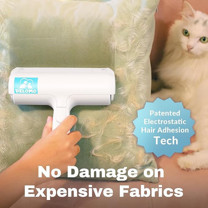 DELOMO Pet Hair Removal Tool: Pet Hair Remover with Fur Bin - Reusable Lint Roller for Pet Hair - Cat and Dog Hair Remover for Couch, Furniture, Carpet, Clothes, Car Seat - Essential for Pet Owners