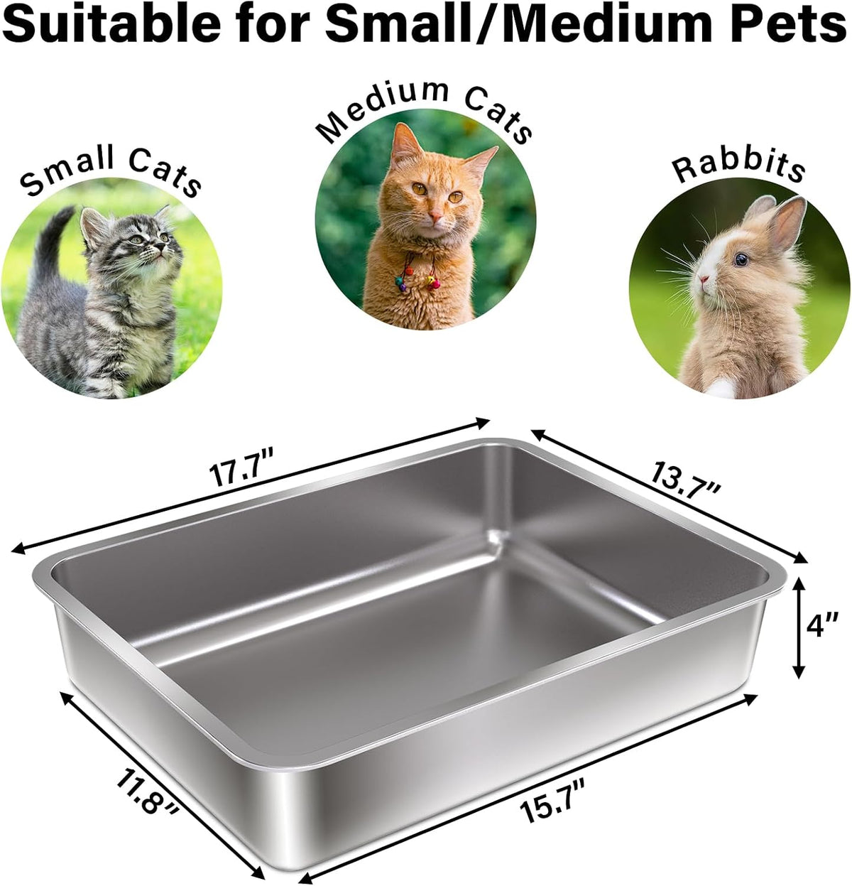 Stainless Steel Litter Box, Metal Cat Litter Box for Kitten - 1 Pack-Medium: 17.7x13.77x4 inch - image 2
