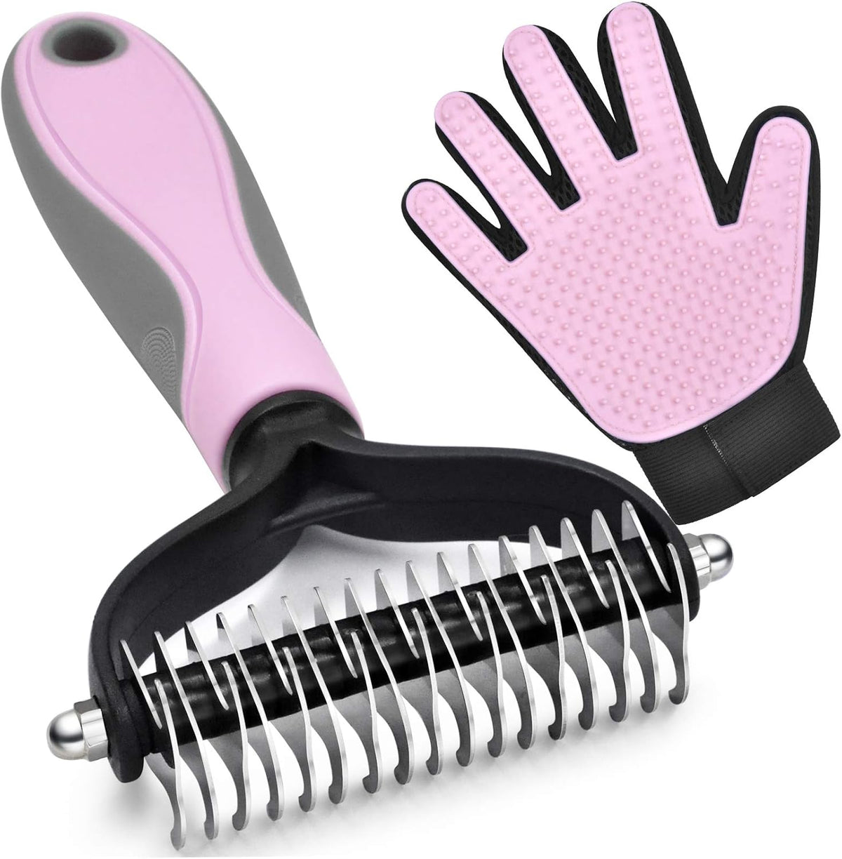 Deshedding Dog Brush, Undercoat Rake for Cats & Dogs - Pink(Rake + Glove)