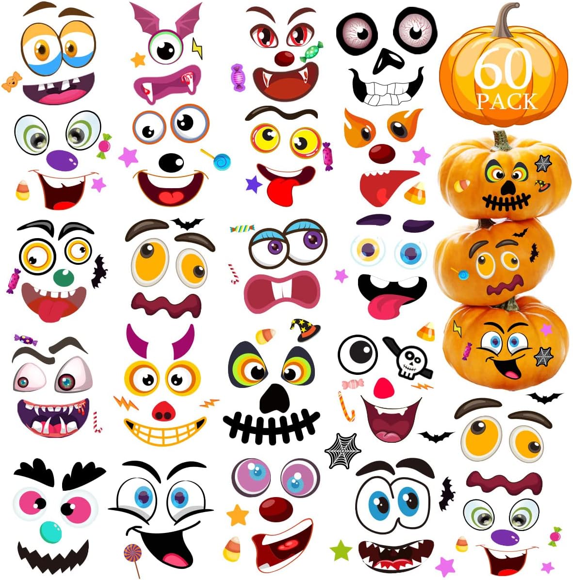 60 Packs Halloween Stickers Pumpkin Decorating Kit - 60pcs Pumpkin Sticker