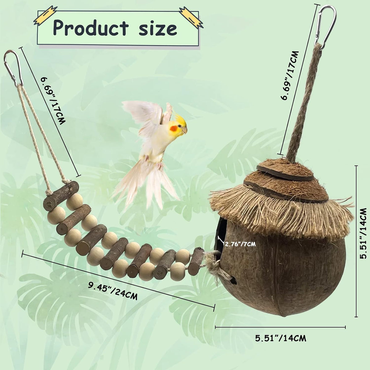 Natural Coconut Hide with Ladder Perches Hanging Bird House Toy - 1pc Coconut Fiber Birds Nest and Swing Toy - image 4