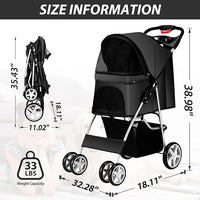 4 Wheels Pet Stroller for Small Medium Dogs Cats 10-33 lbs, Foldable Dog and Cat Stroller with Cup Holder & Storage Basket & Breathable Mesh, Pet Strolling Cart for All-Season, Black
