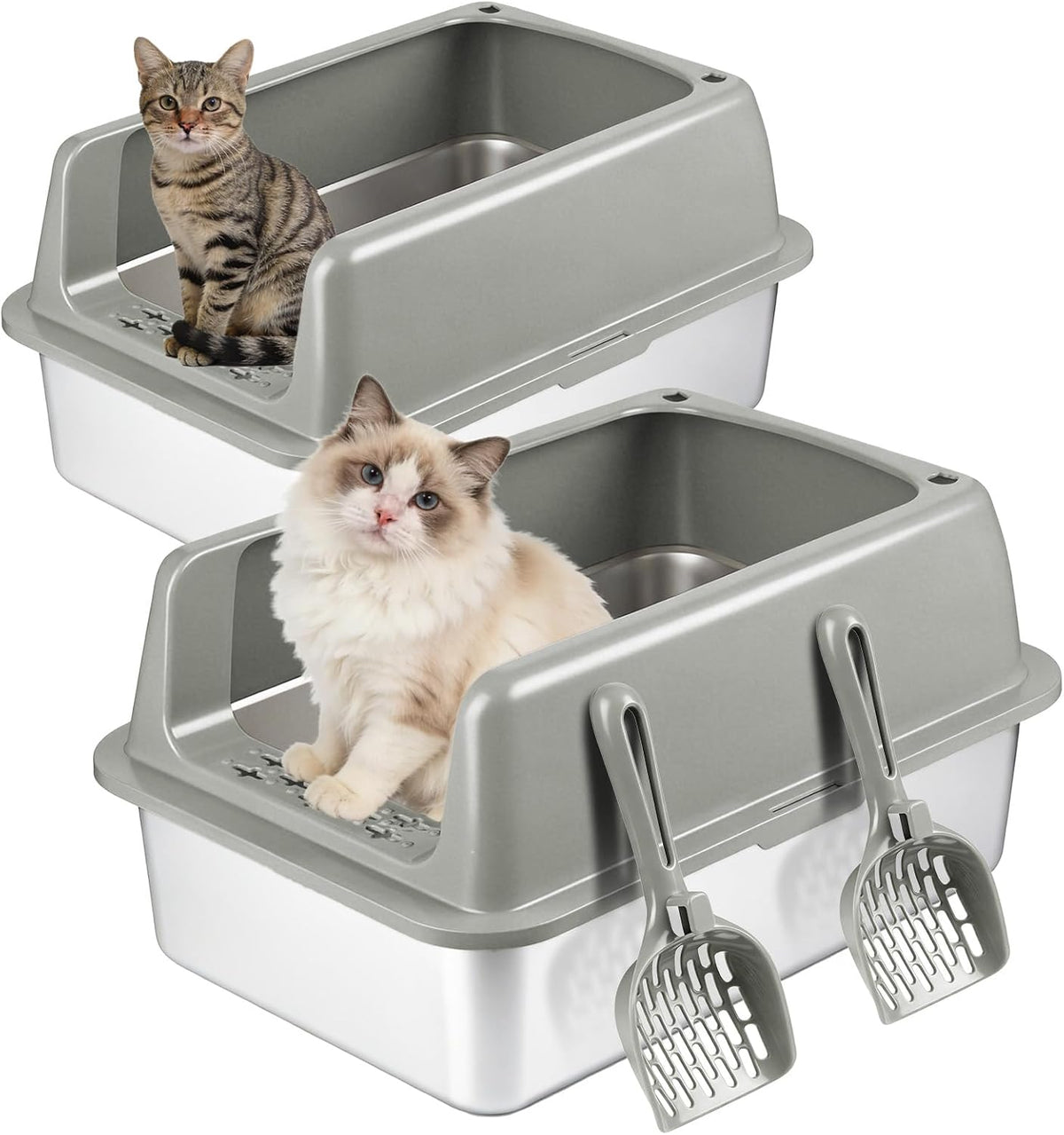 Kirecoo 2 Pack Medium Semi-Enclosed Stainless Steel Cat Litter Box - Grey / Large