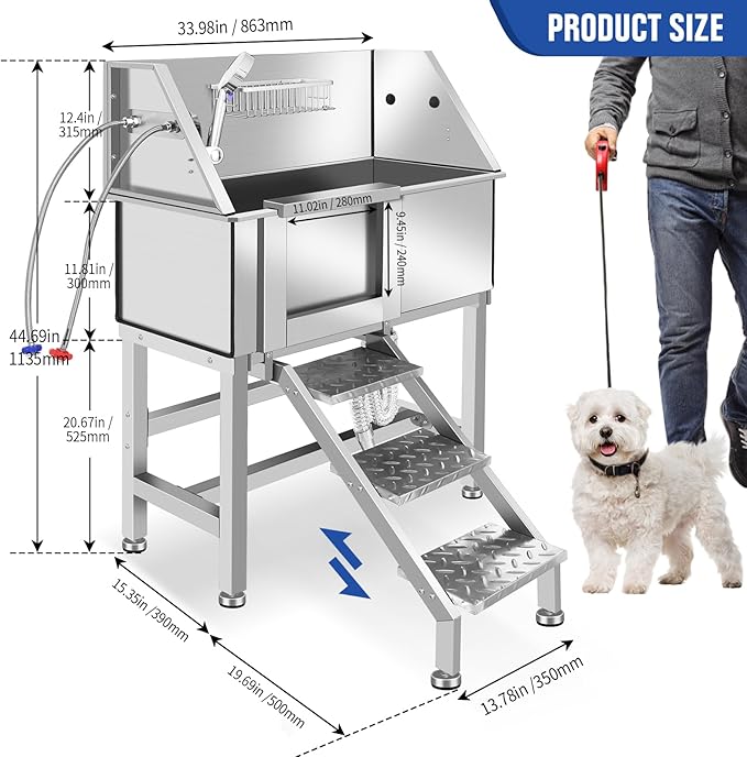 Dog Washing Station 38'' Stainless Steel Pet Grooming Tub for Large Dogs Over-Size Professional Dog Grooming Bathtub Station Wash Shower Sink Pet Grooming Bathtub Station