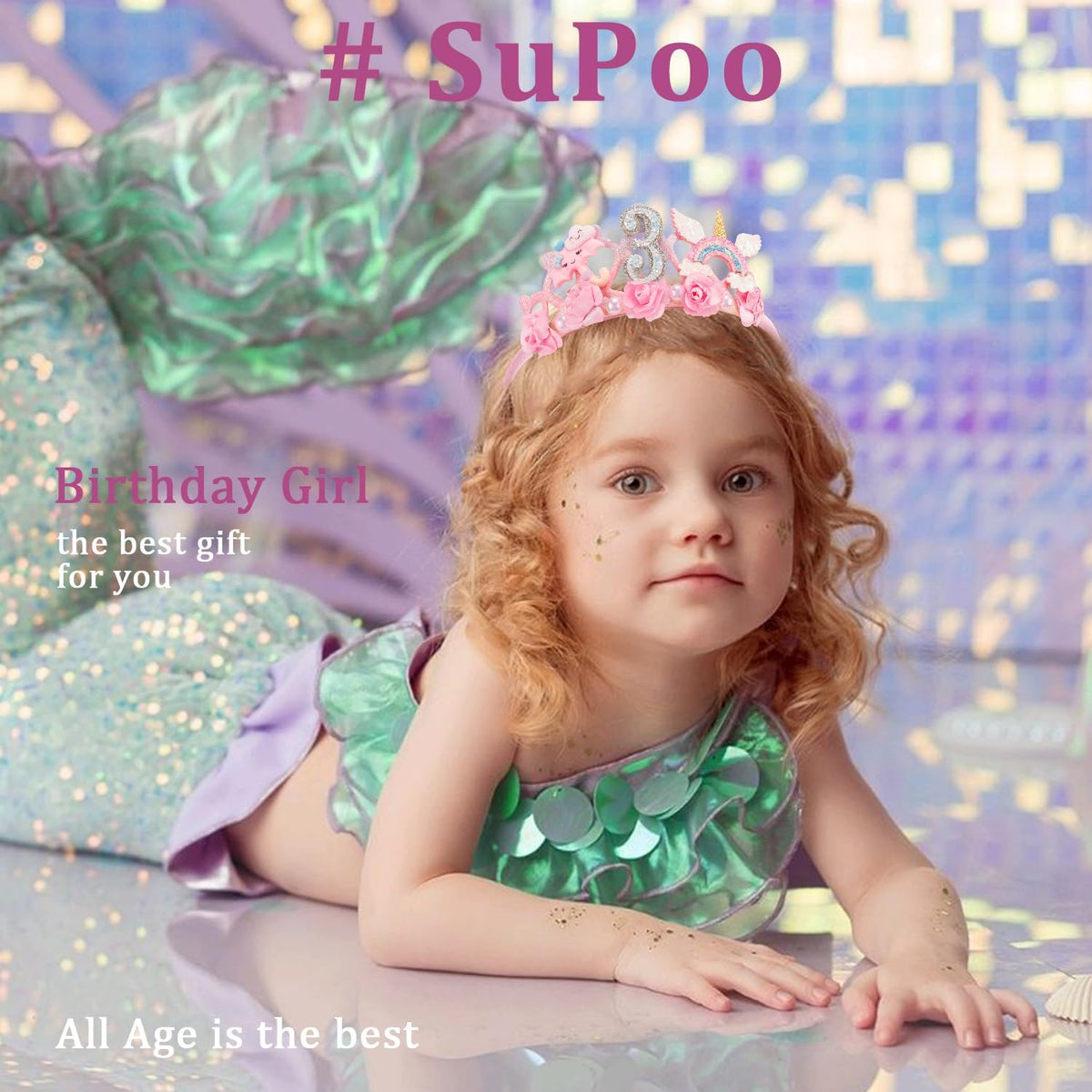 SuPoo 4th Birthday Headband Flower Crown for Girls Princess Tiara 4th - Pink-3rd - image 3