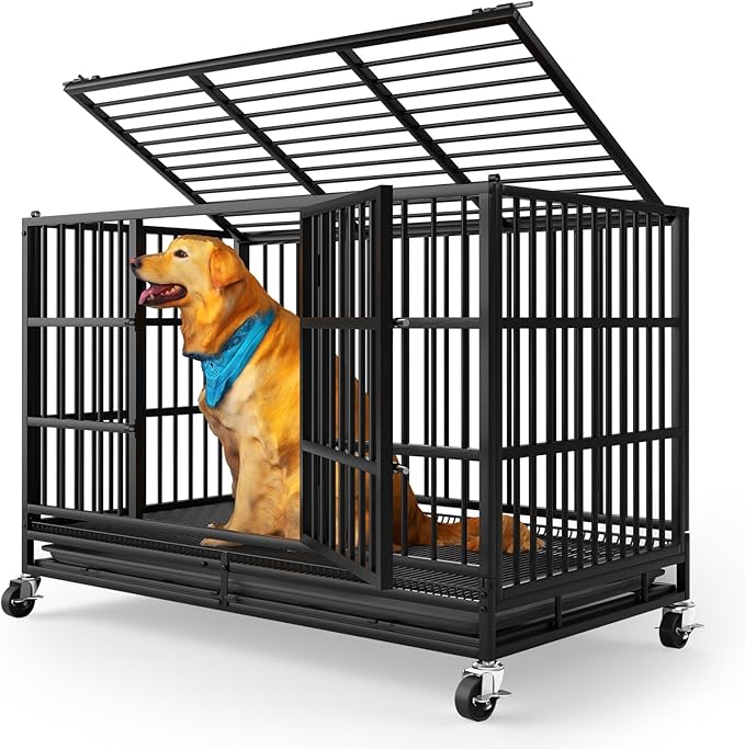 LEVELEVE 38 Inch Heavy Duty Indestructible Dog Crates for Large Dogs，Escape Proof Dog Cage Large Dogs with Lockable Wheels，Dog Kennel Furniture Indoor&Outside