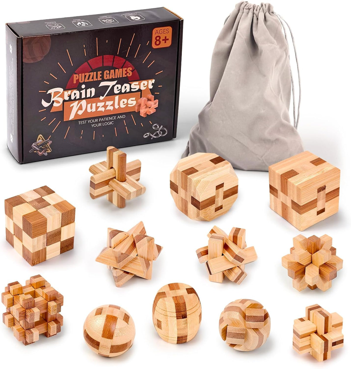 VolksRose 12pcs Wooden Brain Teaser Puzzles - A-12pcs-4.6cm