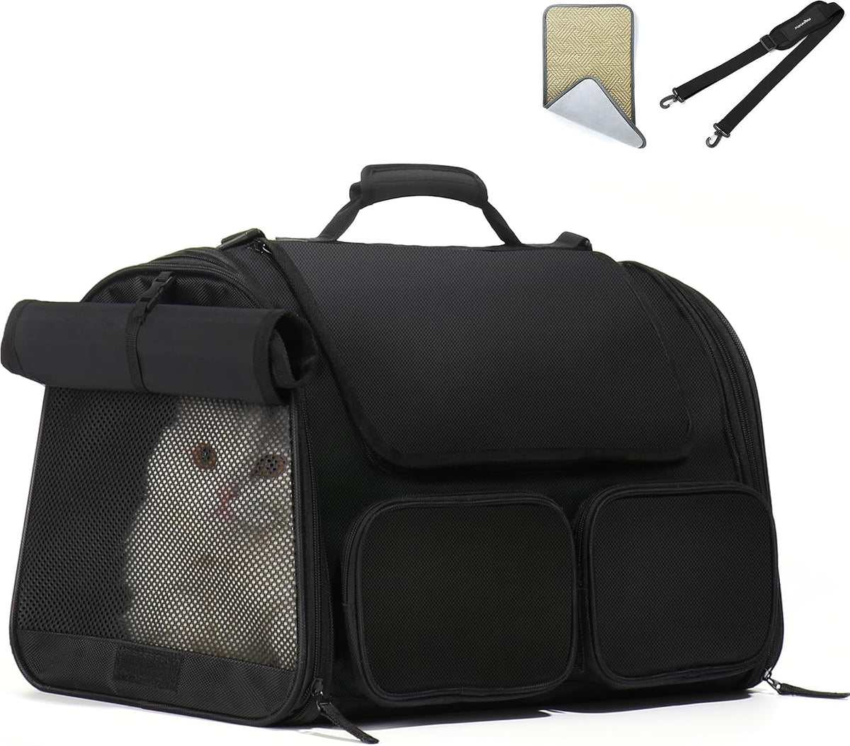 FUKUMARU Cat Carrier, Airline Approved Dog Carrier with Rollable Cover – Essentials for Cats - Black