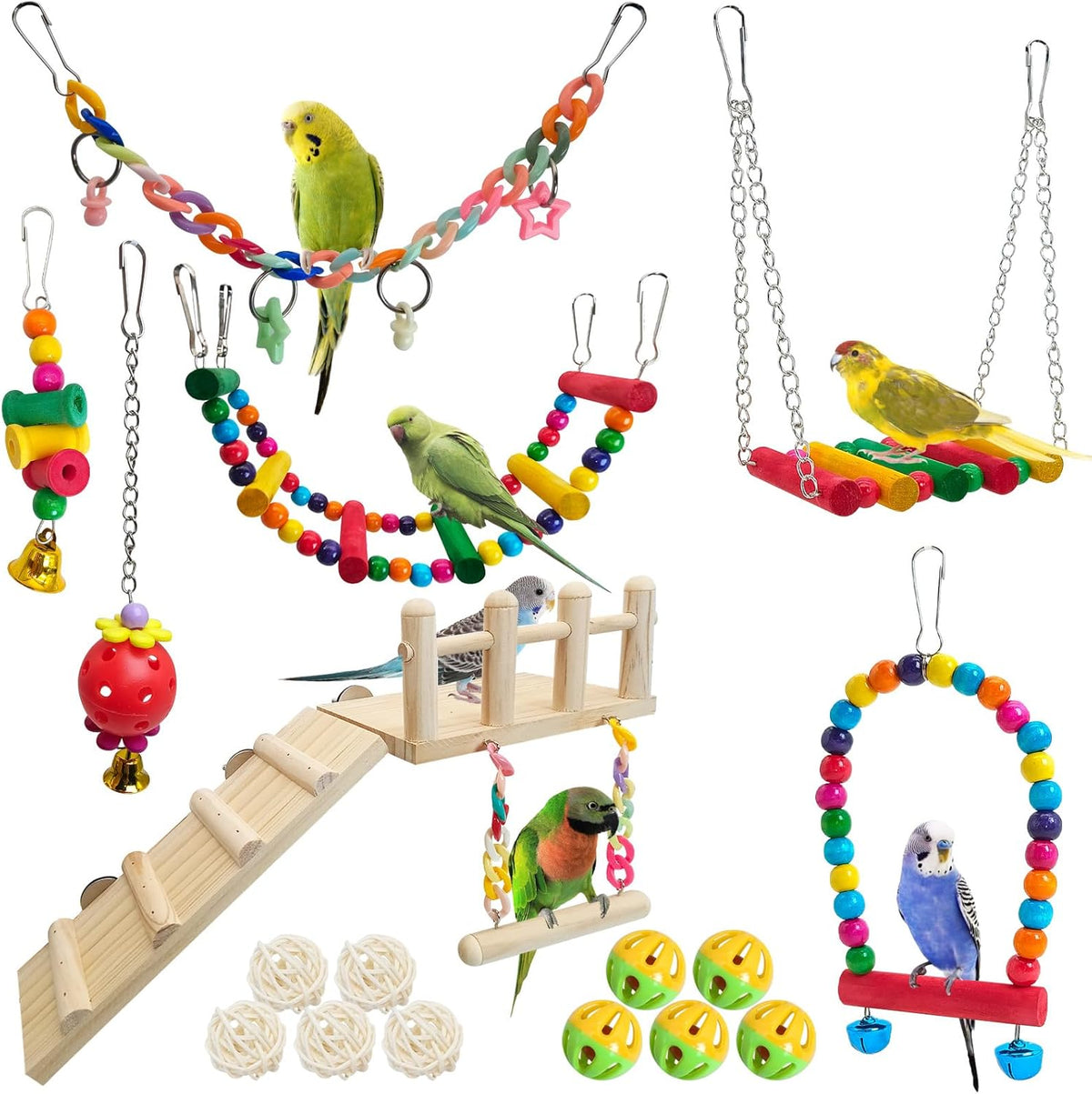 13Pcs Parrot Swing Chew Toys Bird Perches Platform with Climbing - 17 pcs
