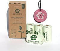 Certified Home Compostable Dog Poop Bags (60) + Pink Poop Bag Carrier, Biodegradable Poop Bags, Cat Litter, Vegetable Starches, Leakproof Dog Waste Bags, Easy to Open