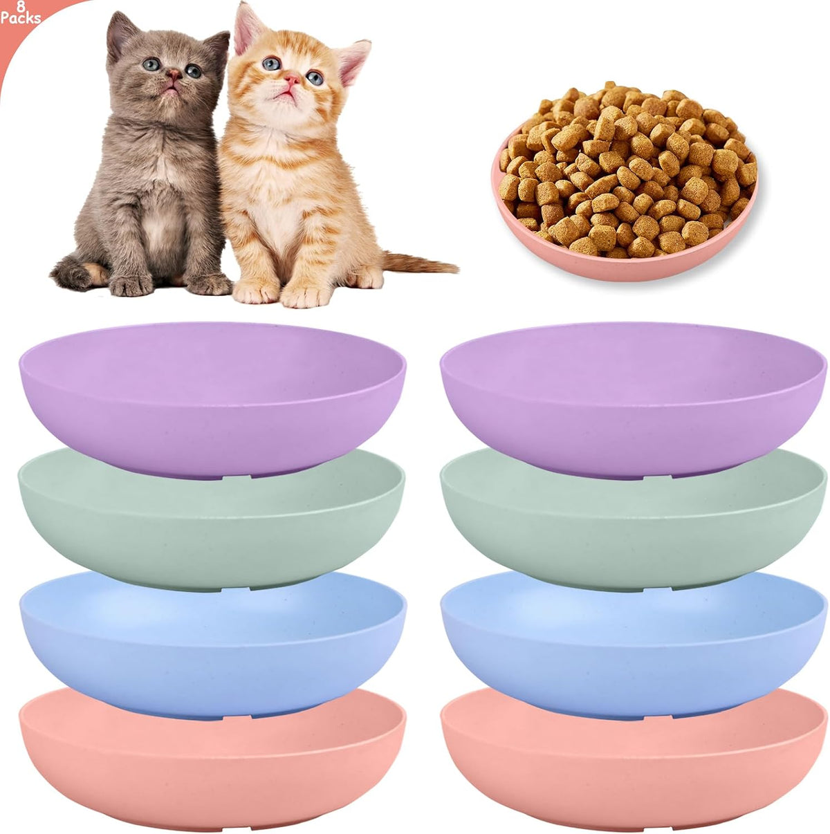 Set of 8 shallow wheat straw whisker fatigue cat bowls in 4 colors