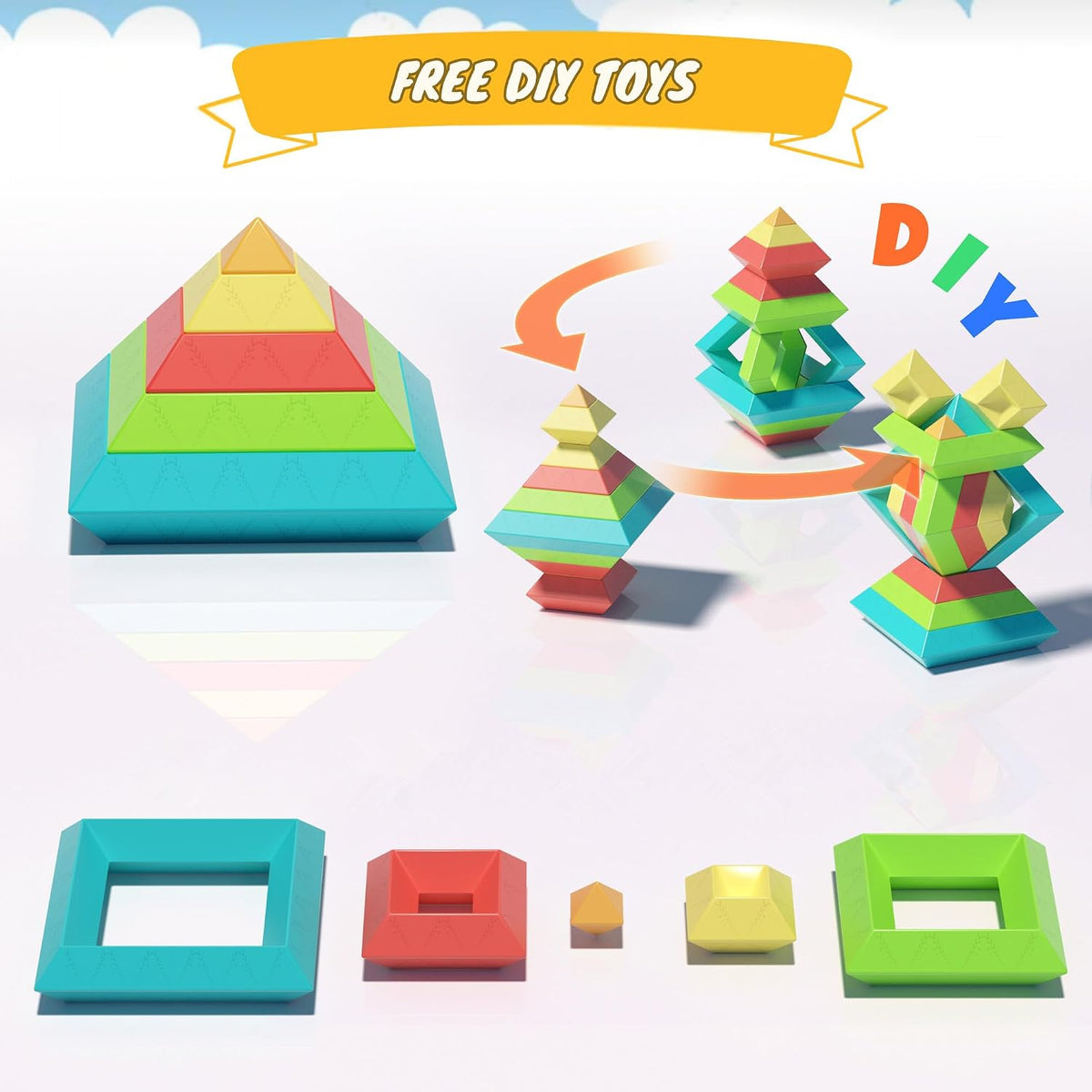 Ggiibro sorting stacking toys, 40 colorful pyramid blocks with storage box - view 6