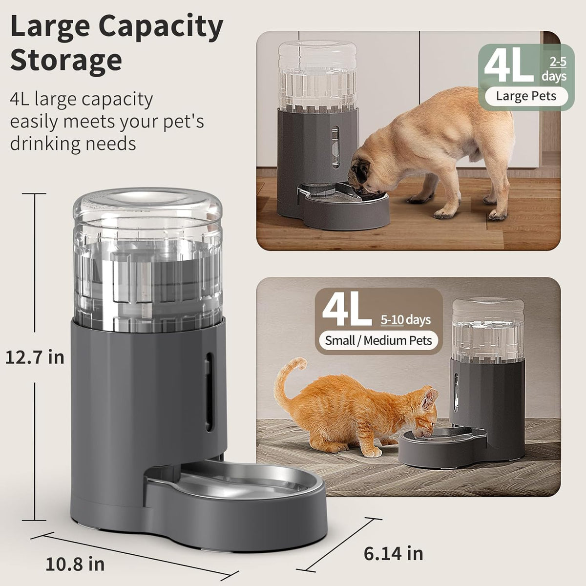 JUNSPOW Cat Water Dispenser and Stainless Steel Bowl – Essentials for Cats - Grey / 4L Base - image 2