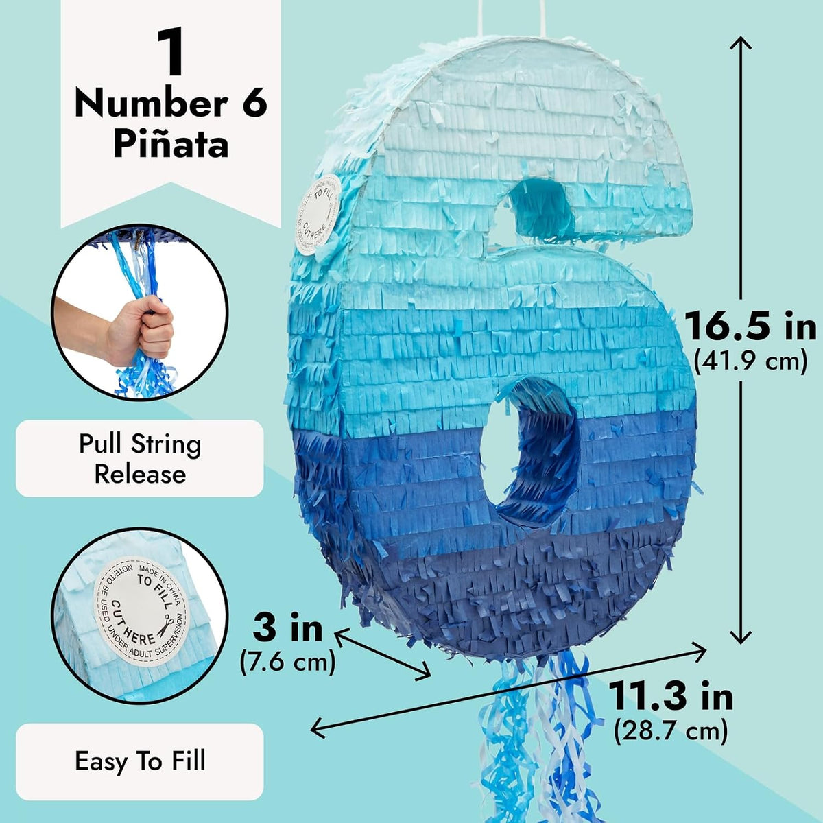 BLUE PANDA Pull String Pinata Number 5, Ombre Blue - Number 6 - image 3
