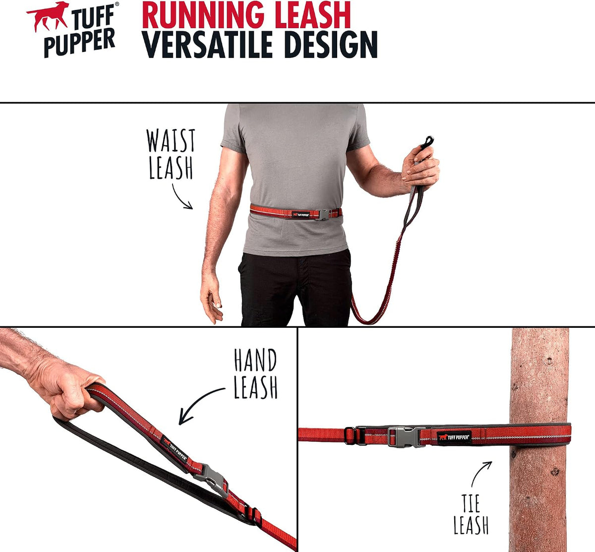Tuff Pupper Hands Free Adjustable Length Dog Leash - Fiery Red / Bungee - image 3