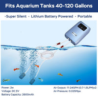 Aquarium Air Pump, USB Rechargeable Lithium Battery Powered Portable Air Pump for Fish Tanks, AC/DC - For Aquarium up to 120 Gal - image 2