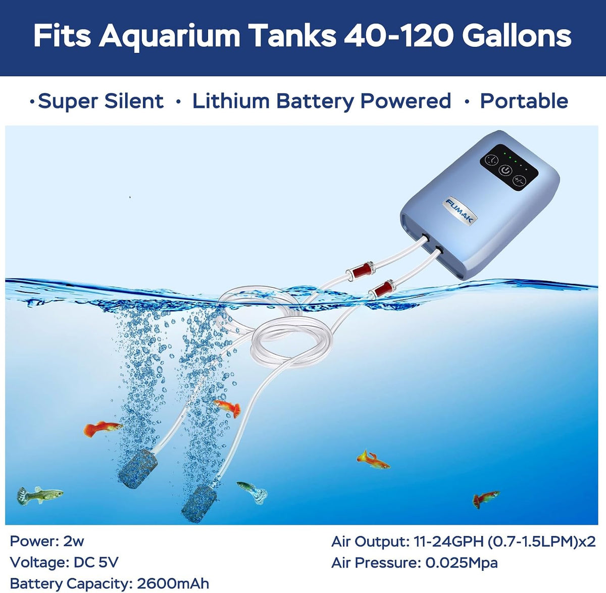 Aquarium Air Pump, USB Rechargeable Lithium Battery Powered Portable Air Pump for Fish Tanks, AC/DC - For Aquarium up to 120 Gal - image 2