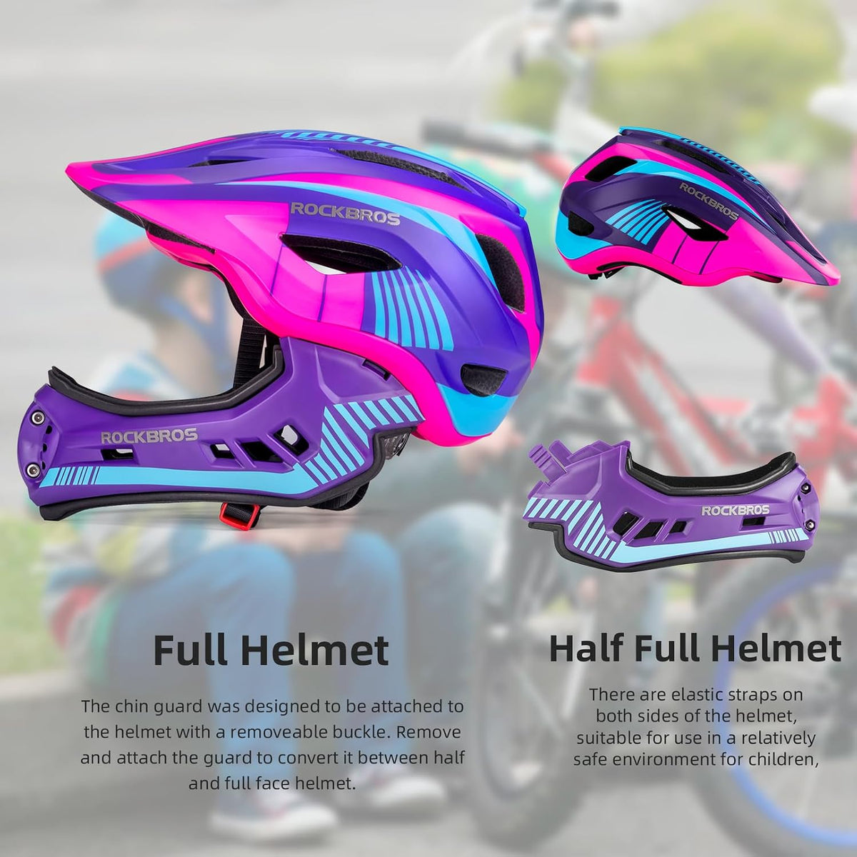 ROCKBROS Kids Full Face Bike Helmet Lightweight Detachable MTB Helmet – Fun for Kids & Family - Purple / Small - image 3