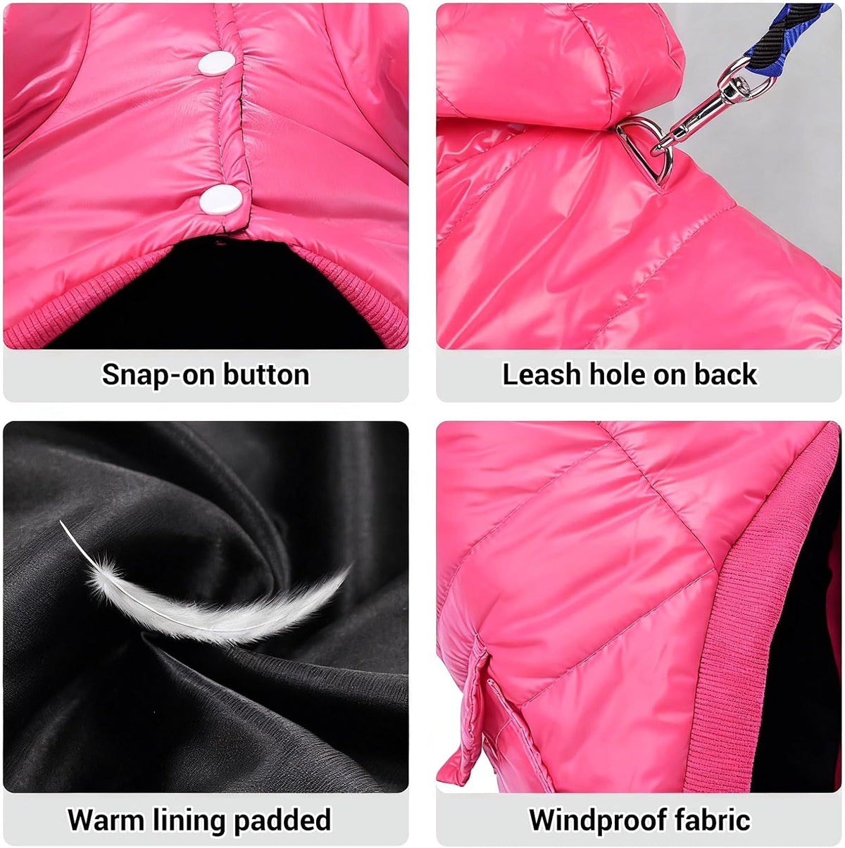 Dog Coat for Small Dogs, Windproof Doggie Puffer Jacket with Leash Hole, Extra Warm Dog Jacket - XX-Large / Pink - image 4