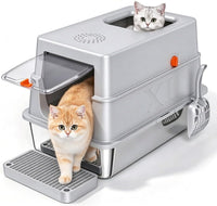 Enclosed Stainless Steel Litter Box - Light Grey-XL