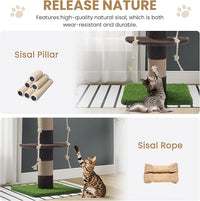 SHA CERLIN 55 Inches Cat Tree Tower with Leaves/Cozy Perches with Scratching Post for Indoor Kittens and Adults Cats/Sisal Rope and Simulated Lawn with Wide Base/Brown & Green