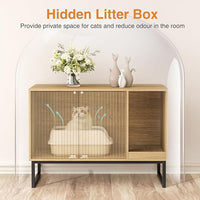 Cat Litter Box Enclosure, Fluted Hidden Litter Box Furniture with Scratch Pad and Metal Legs, Modern Enclosed Cat Cabinet, 31.5 x 17.7 x 21.7 Inches Indoor Pet House for Living Room, Washroom, Natural