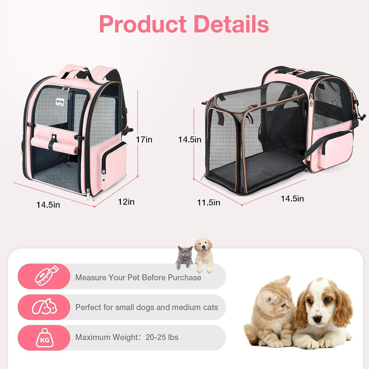Cat Carrier Backpack, Expandable Pet Carrier with Sun Shade & Full Front Opening, Breathable Mesh - Pink / XL-Mesh Window - image 2