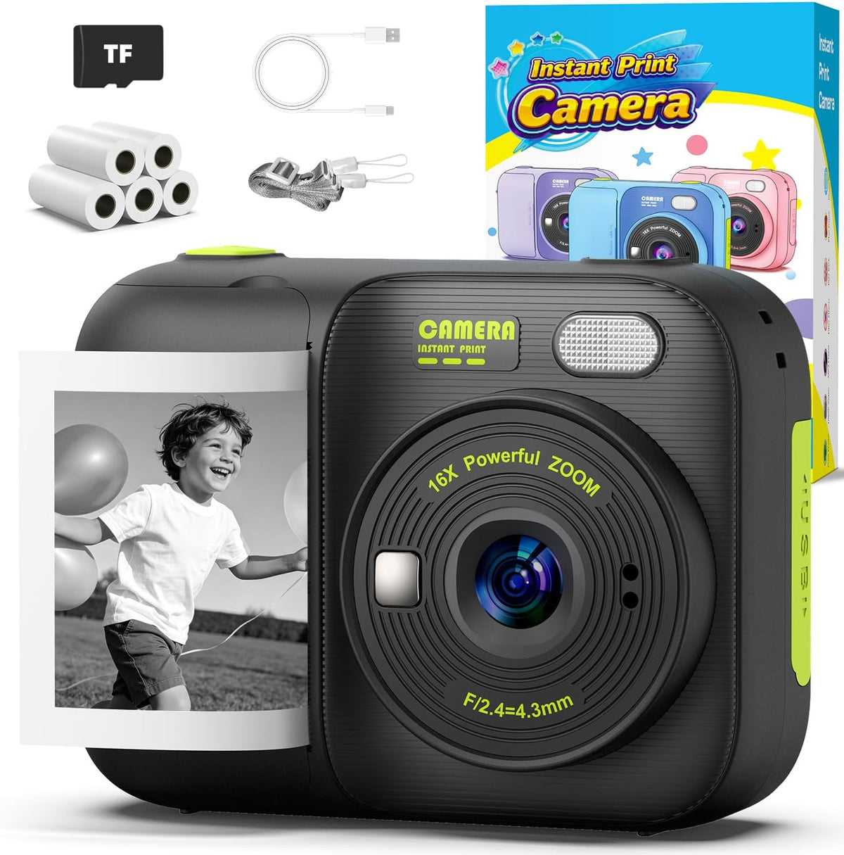 Kids Instant Print Camera with 5 Rolls Print Paper - Black