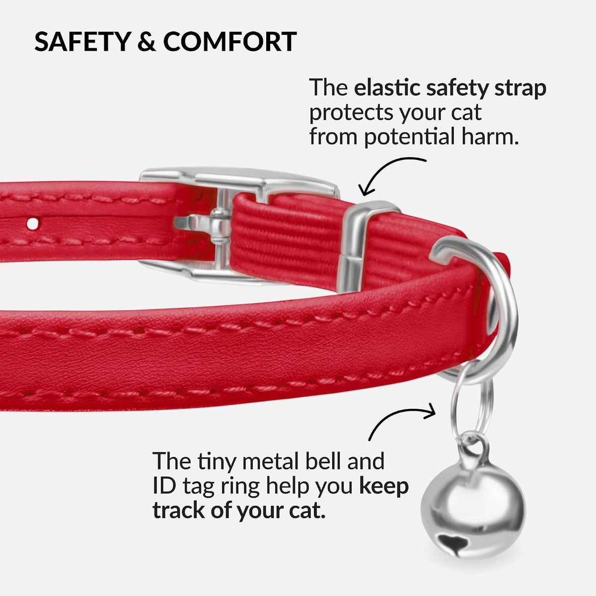 Soft Leather Cat Collar with Safety Elastic Strap - 6-7 Inch / Red - image 3