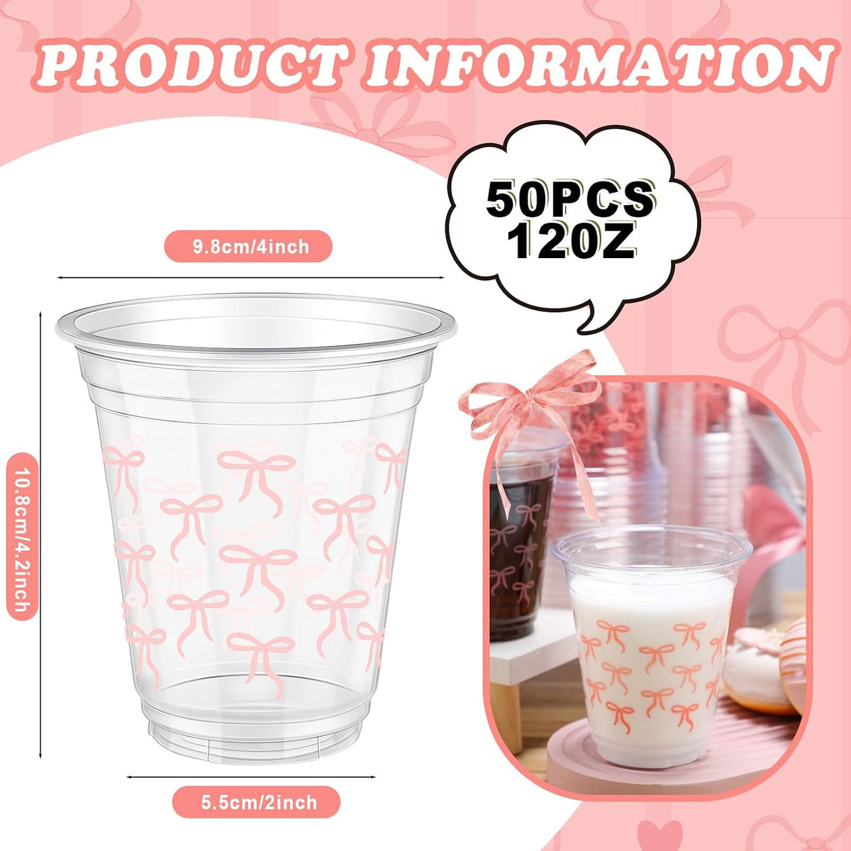 50 Pcs 12 oz Dinosaur Cups Dinosaur Birthday Decorations – Fun for Kids & Family - Pink / Bow - image 3