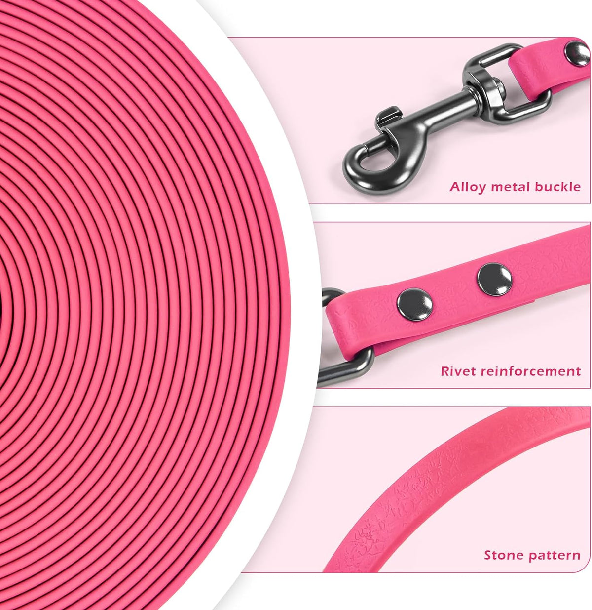 Wolfone Waterproof Dog Leash 10FT Long Line Training Leash for Dogs – Essentials for Dogs - 50ft x 0.52 IN / Pink - image 3