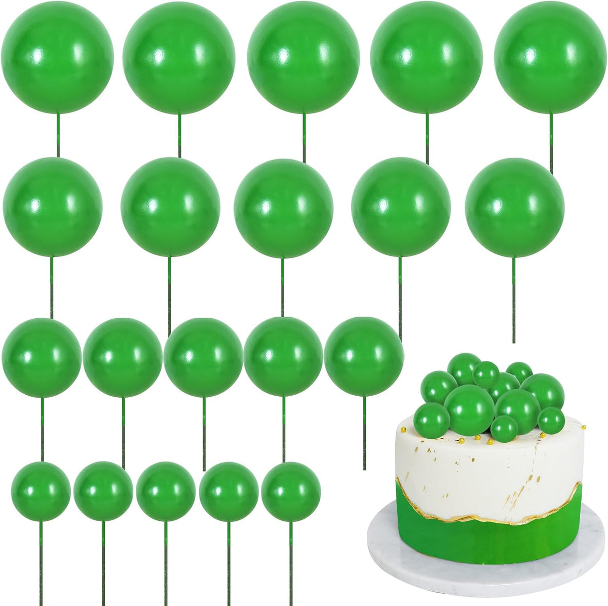 BEISHIDA 20 PCS Gold Mini Ball Cake Toppers Foam Cake Balls - Ball-green