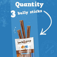 Jack&Pup 12 Inch Bully Sticks for Large Dogs | Thick Odor Free Bully Sticks (3 Pack) Long Lasting Bully Sticks for Dogs
