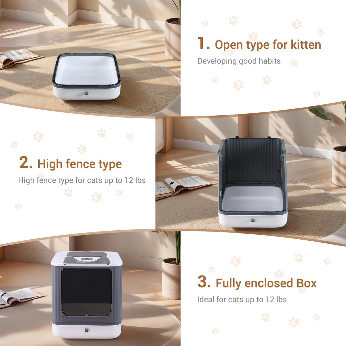 Foldable Enclosed Cat Litter Box with Lid, for Kitten to Medium - White&Grey - image 3