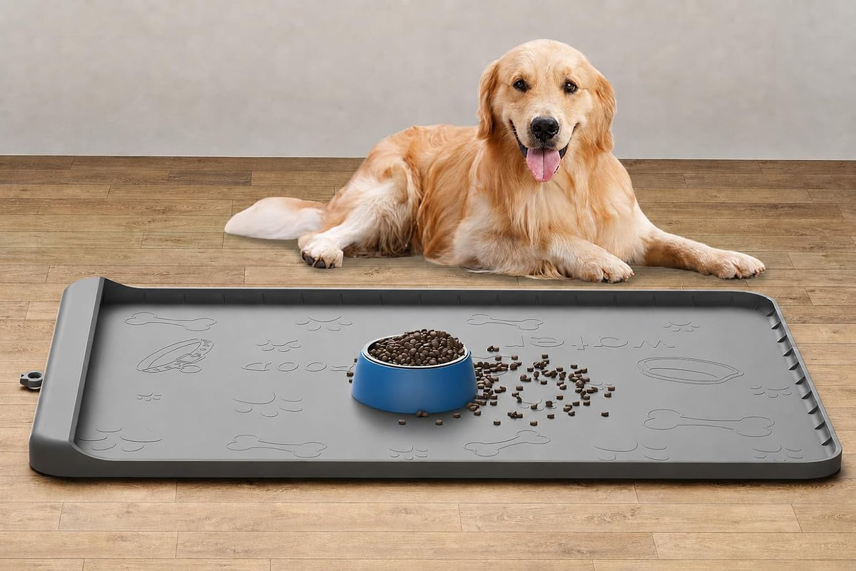 Dog Food Mat 36"x24" - Silicone Dog Mat for Food and Water Large Pet Feeding Mats with Residue - Gray / 36"L x 24"W