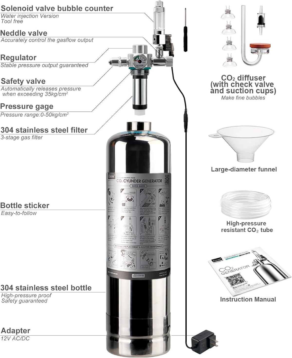 Aquarium CO2 Generator Double Runtime with Solenoid Valve 4L - G600 - image 4