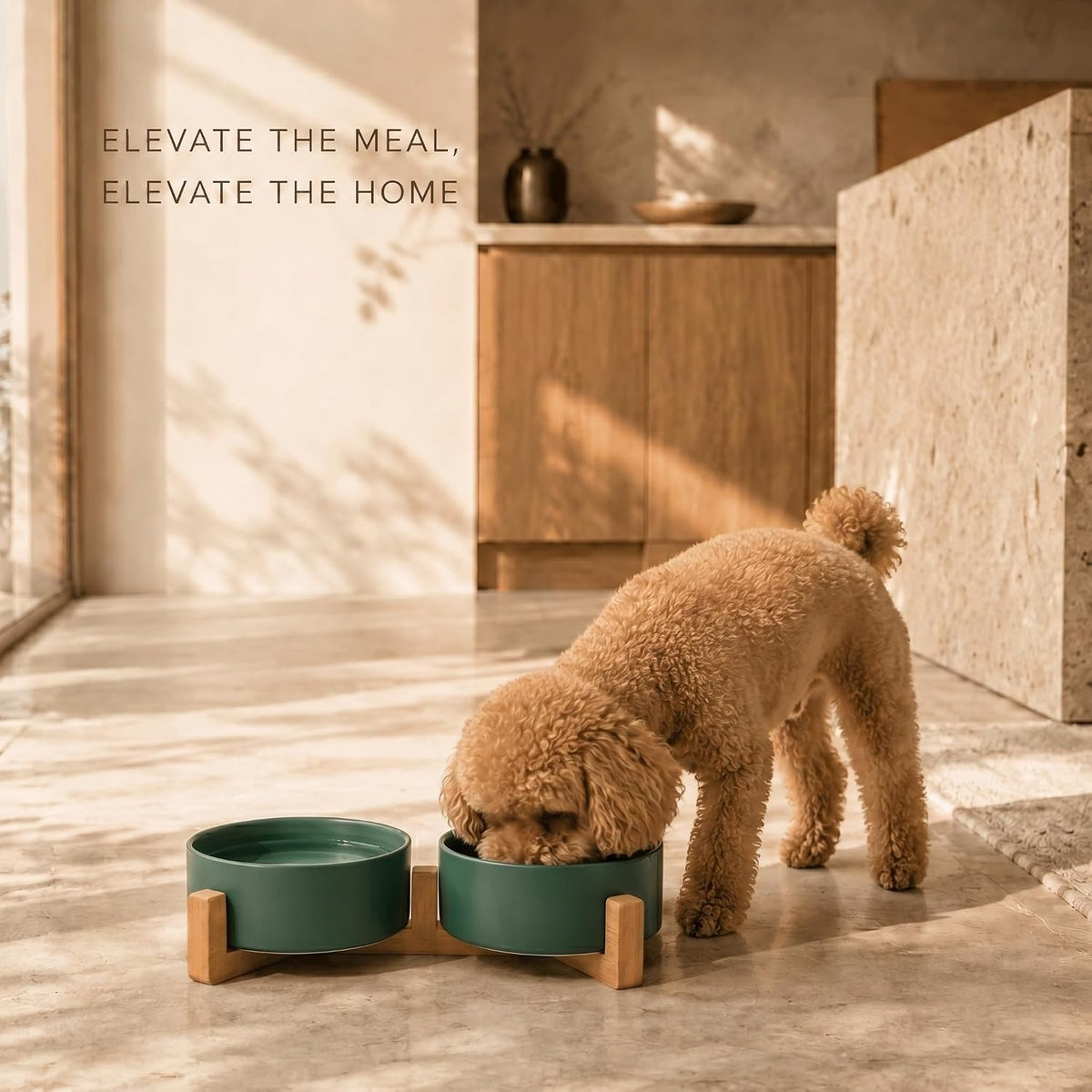 SPUNKYJUNKY Ceramic Dog and Cat Bowl with Wood Stand Non-Slip Matte - 1.7 cups / Green × 2 - image 2