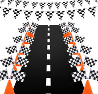 YOELVN race car party cones, six orange 7 inch traffic cones holding checkered flags - view 2