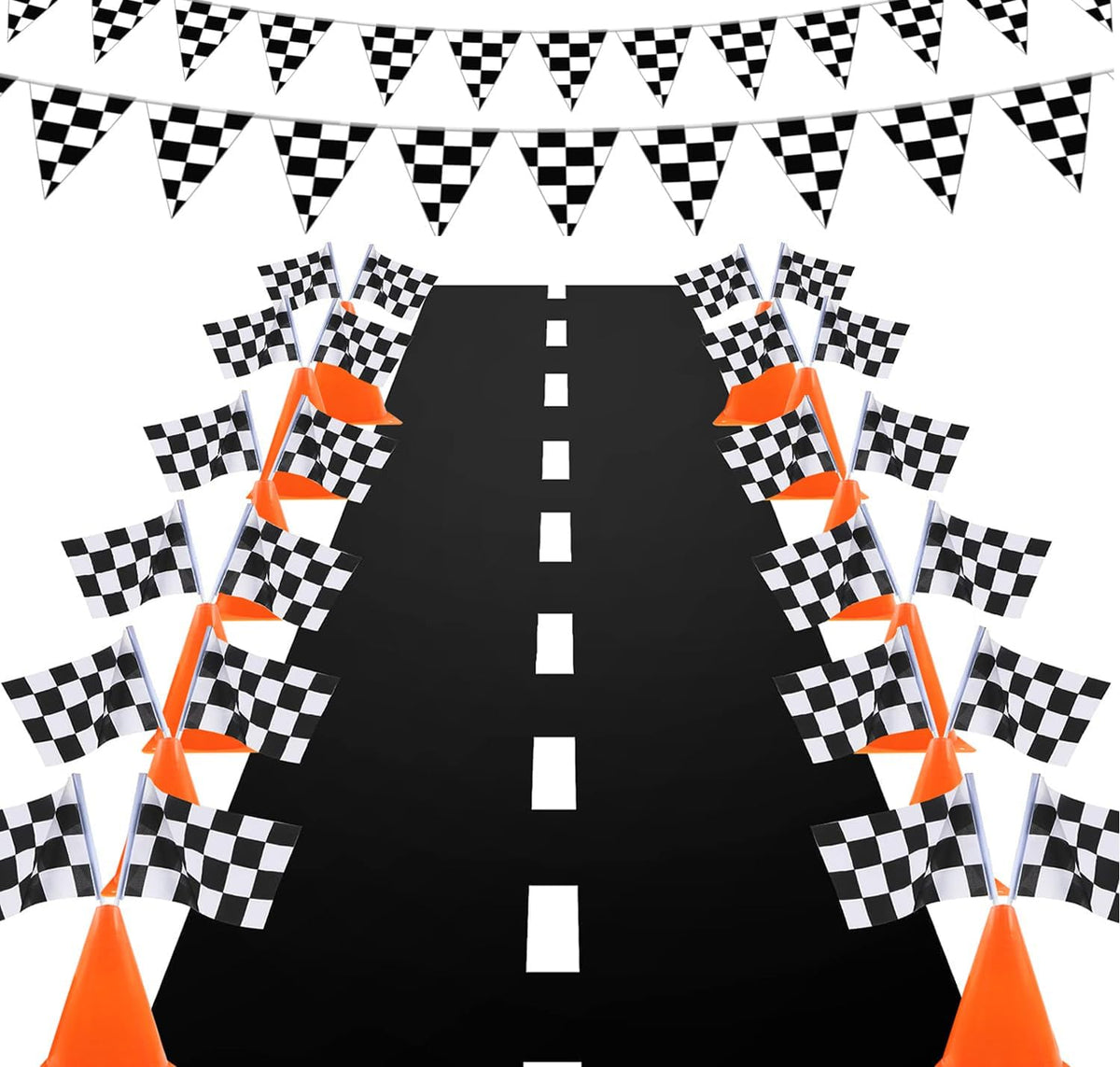 YOELVN race car party cones, six orange 7 inch traffic cones holding checkered flags - view 2