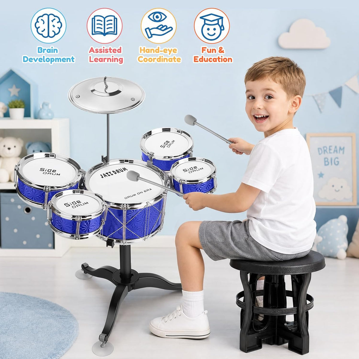 Kids Jazz Drum Set Toys for 3-7 Year Olds - Sparkle Blue - image 2