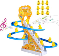 BuerKeo duck climbing stairs toy with 9 ducks, LED lights and slide track