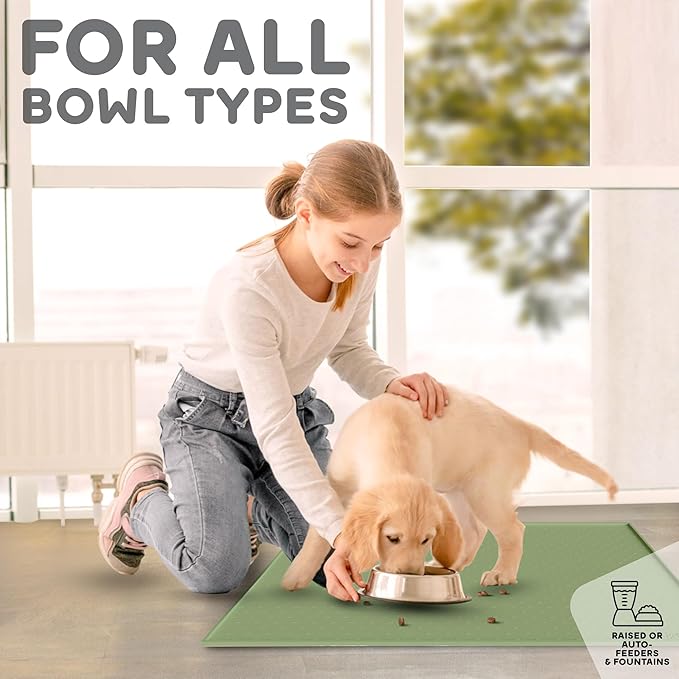 Dog Food Mat - 28x18 Raised Edges Dogs Mat for Food and Water Prevent Spill, Waterproof Cat Food Mats Protect Floors, Easy Clean Dog Bowl Mats for Food and Water, Silicone Pet Feeding Placemats Green