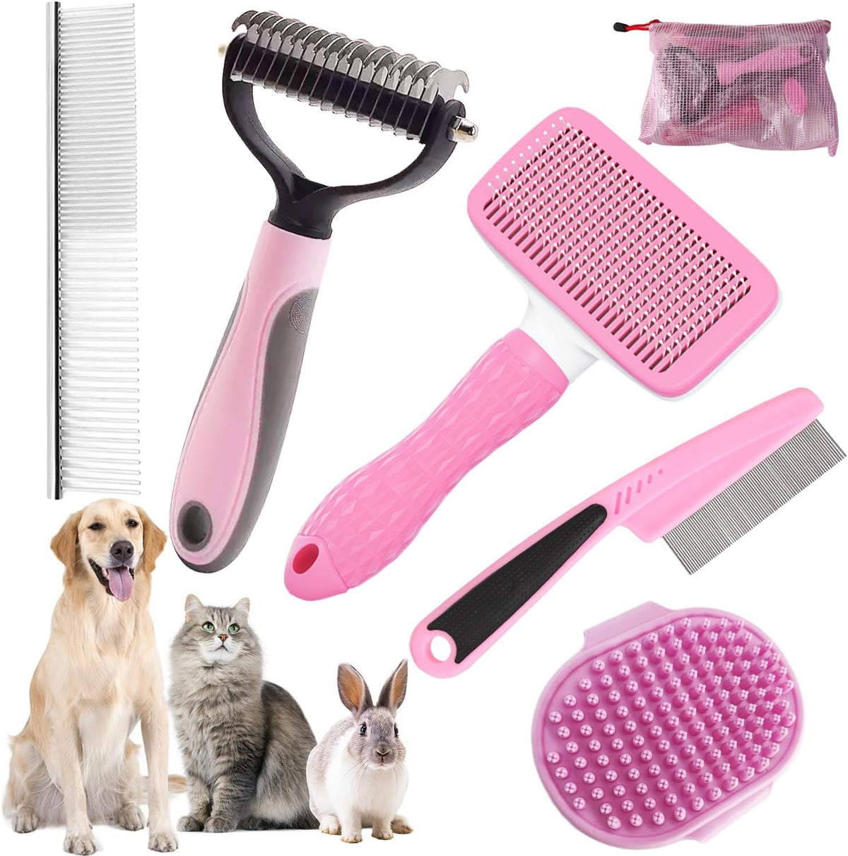 Bath Grooming Kit for Pets, Hair Brush Set with Towel - 6-Pink