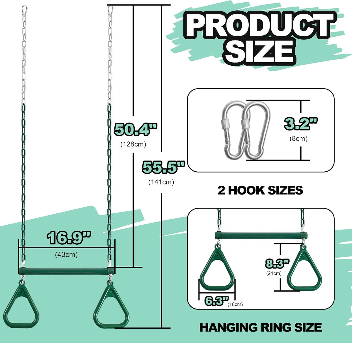 AOBOTE 16.5-inch trapeze swing bar with coated chains and snap hooks - view 7