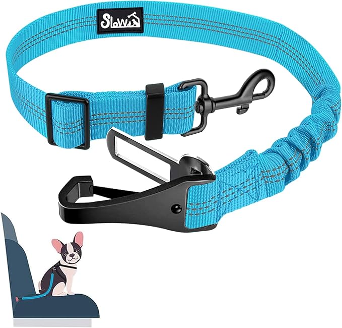 SlowTon Dog Seat Belt, Adjustable Dog Safety Belt Leash, 2 in 1 Latch Bar Attachment Dogs Car Seatbelt with Elastic Nylon Bungee Buffer, Reflective Nylon Belt Tether Connect to Dog Harness (Blue)