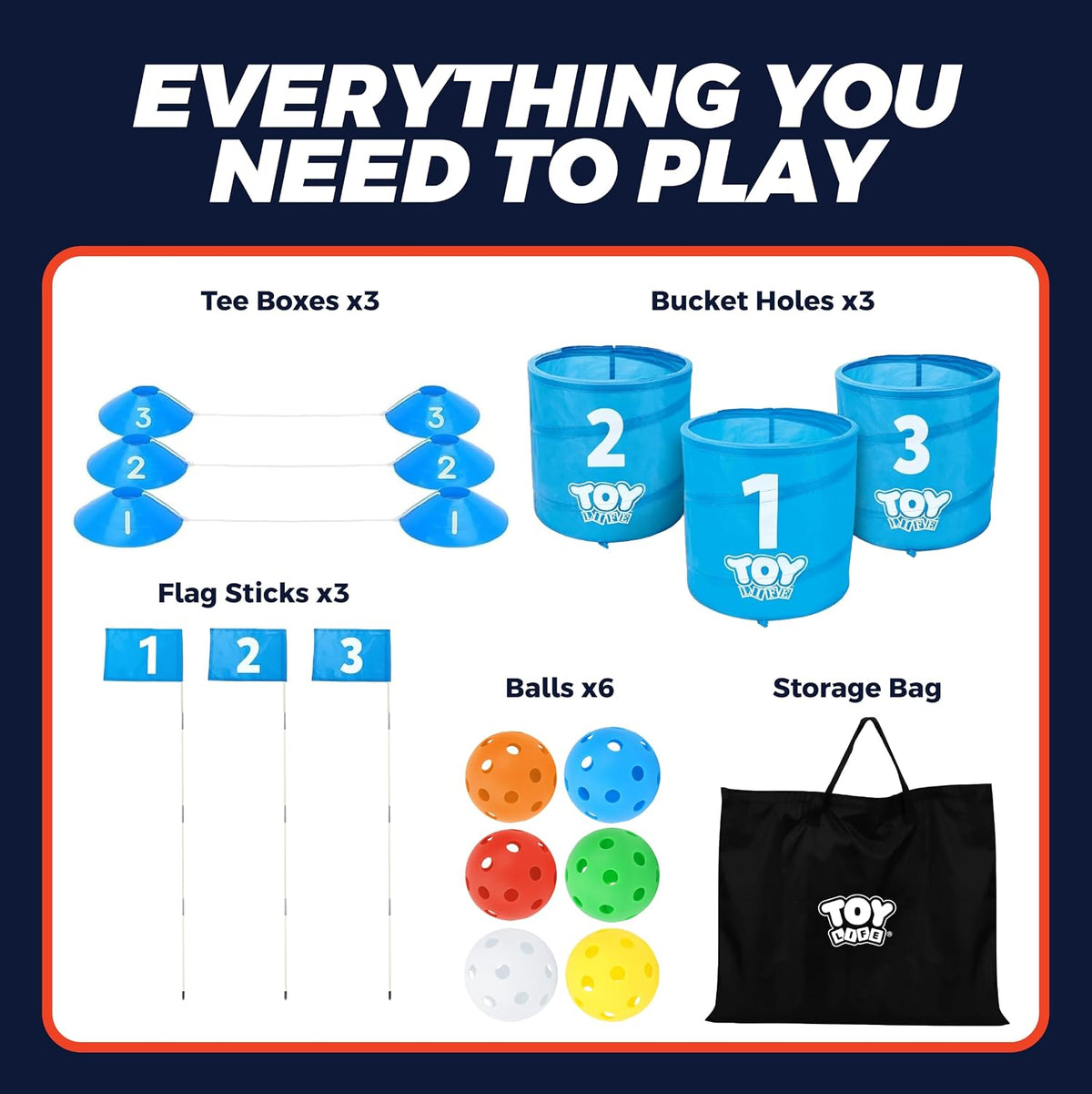 TOY Life backyard bucket golf game set with blue golf buckets, flag and golf balls on a lawn - view 10
