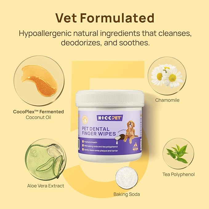 HICC PET Teeth Cleaning Wipes for Dogs & Cats, Remove Bad Breath by Removing Plaque and Tartar Buildup No-Rinse Dog Finger Toothbrush, Disposable Gentle Cleaning & Gum Care Pet Wipes, 50 Counts