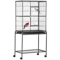 30'' Large Rolling Metal Bird Cage Bird House with Detachable Rolling Stand, Storage Shelf, Wood Perch Food Container - 